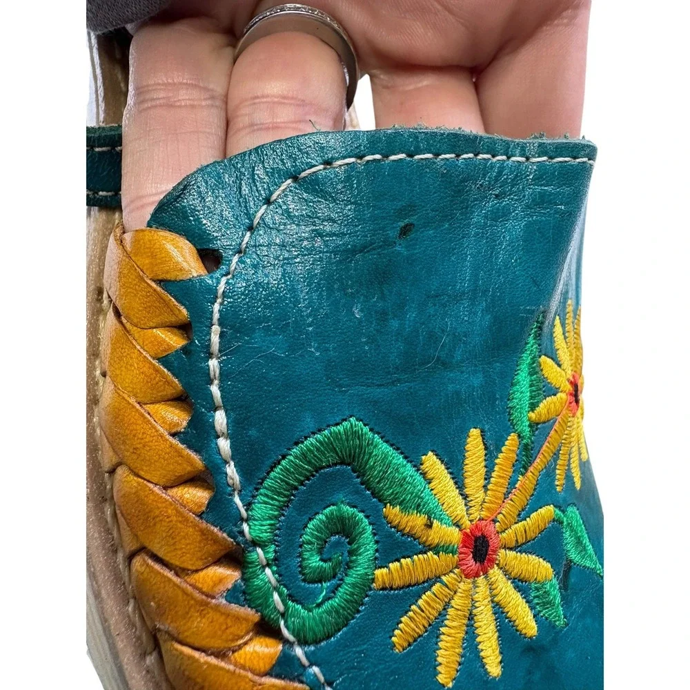 Mexican Huarache Leather‎ Floral Embroidered Slingback Sandals Boho Artisan 5